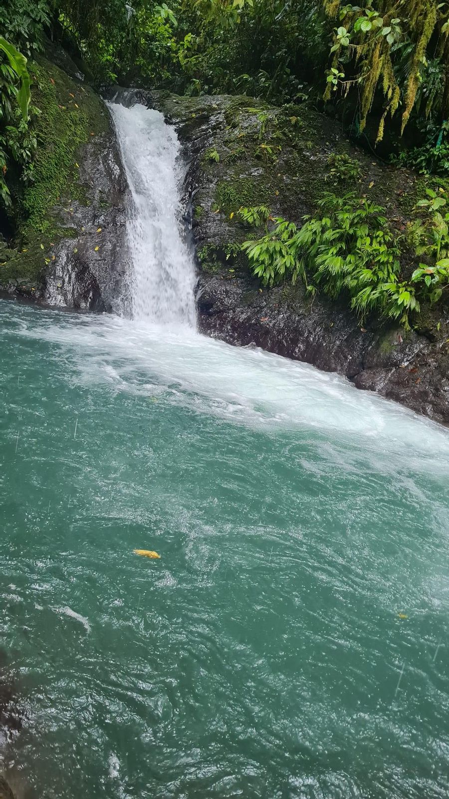 Riders enjoying a stop at a waterfall during the Manuel Antonio Horseback Riding tour