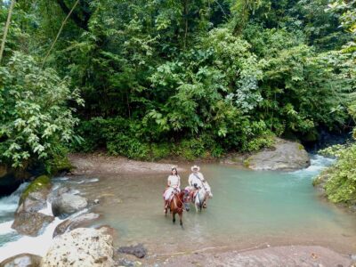 Participants enjoying the Manuel Antonio Horseback Riding tour on a tropical rainforest trail.